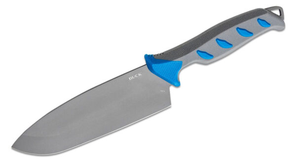 Buck (0150BLS-B) "Salt Water Cleaver" Fixed Blade, 6" Stainless Steel Titanium Coated Cleaver Blade, Blue and Gray Rubber/Polymer Handle, Gray Polymer Sheath
