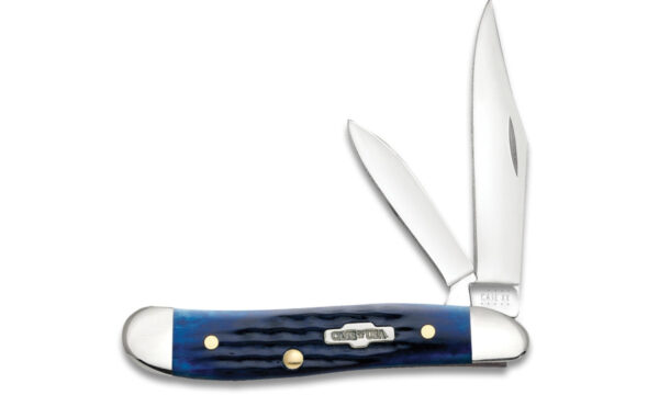 Case (02802) "Peanut" Non-Locking Folder, 2.1"/1.53" Stainless Steel Mirror Polish Clip Point/Pen Blades, Blue Bone Handle, Slip Joint