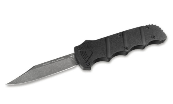Boker Plus (06EX350) "Kalashnikov OTF" Dual Action OTF, 3.54" D2 Dark Stonewashed Bowie Clip Point Blade, Black Aluminum Handle