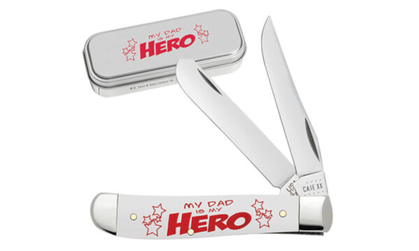 Case (10604) "Mini Trapper" Non-Locking Folder, 2.7"/2.8" Stainless Steel Mirror Polish Clip Point/Spey Blades, 'My Dad Is My Hero' Design White Synthetic Handle, Slip Joint