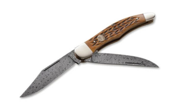 Boker (110274TS) "Large Hunter-Trapper " Non-Locking Folder, 4.33" Damascus Clip Point/Spey Blades, Brown Jigged Bone Handle, Slip Joint