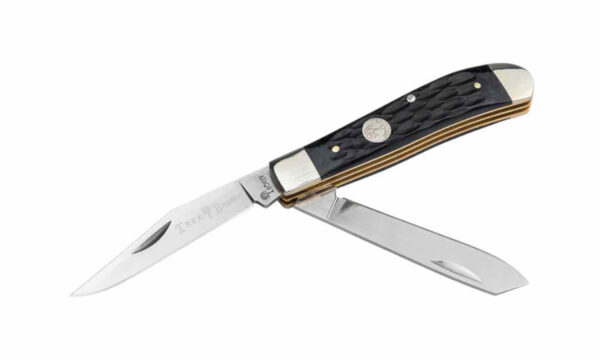 Boker (110849) "Mini Trapper" Non-Locking Folder, D2 Mirror Polish Clip Point/Spey Blades, Black Jigged Bone Handle, Slip Joint