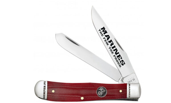 Case (13197) "Trapper" Non-Locking Folder, 3.24"/3.27" Stainless Steel Mirror Polish 'Marines The Few The Proud' Engraved Clip Point/Spey Blades, Red G-10 Handle, Slip Joint