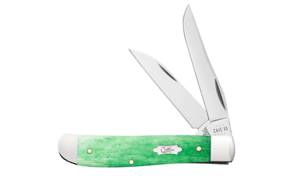 Case (19944) "Mini Trapper" Non-Locking Folder, 2.5"/2.7" Stainless Steel Mirror Polish Clip Point/Wharncliffe Blades, Emerald Green Bone Handle, Slip Joint
