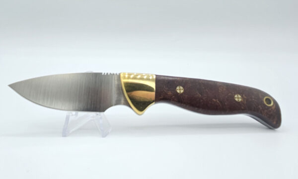 CASTLEGATE, Fixed Blade, 2.75" 1095 Satin Drop Point Blade, Black Ash Burl Wood Handle with Custom Pins & Brass Bolsters, Custom Leather Sheath