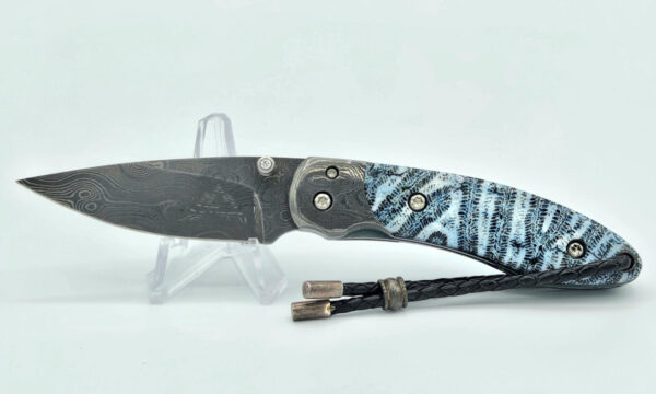 CASTLEGATE, Manual Folder, 2.375" 416 Layer Damascus Drop Point Blade, Blue Brain Coral Handle Scales with Titanium Liners & Damascus Bolster with Diamond Inlayed Thumb Stud, Custom Leather Sheath, Liner Lock