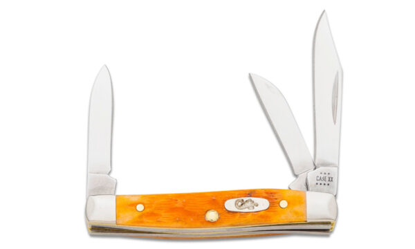 Case (26565) "Small Stockman" Non-Locking Folder, 2"/1.5"/1.49" Stainless Steel Mirror Polish Clip Point/Sheepsfoot/Pen Blades, Persimmon Orange Bone Handle, Slip Joint