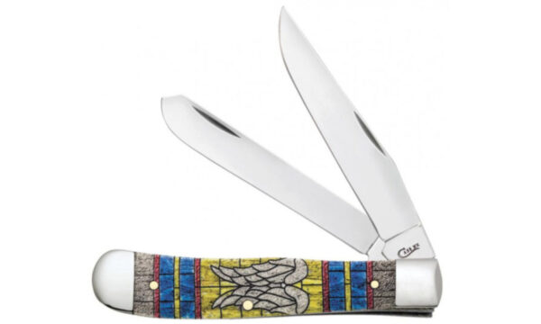 Case (38714) "Trapper" Non-Locking Folder, 3.24"/3.27" Stainless Steel Mirror Polish Clip Point/Spey Blades, 'Angel Wings' Design Dyed Natural Bone Handle, Slip Joint