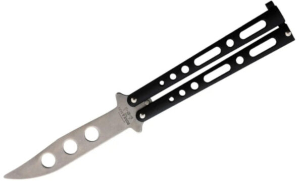 Bear & Sons (BC117BTRSW) Bali-Song/Butterfly, 4" 440C Stonewash Clip Point Trainer Blade, Black Coated Zinc Handle, Latch Lock