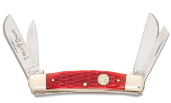 Boker (110745) "Congress" Non-Locking Folder, 2.20" 2.24" Stainless Steel Mirror Polished Spear Point/Sheepsfoot/Wharncliffe Blades, Red Jigged Bone Handle, Slip Joint