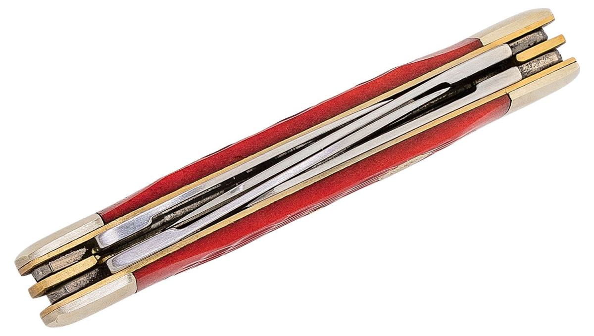 Boker (110745) "Congress" Non-Locking Folder, 2.20" 2.24" Stainless Steel Mirror Polished Spear Point/Sheepsfoot/Wharncliffe Blades, Red Jigged Bone Handle, Slip Joint - Image 3