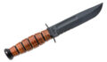 KA-BAR (1261) "Short Fighting Knife" Fixed Blade, 5.25" 1095 Cro-Van Black Powder Coated Partially Serrated Clip Point Blade, Stacked Leather Handle, Brown Leather Sheath
