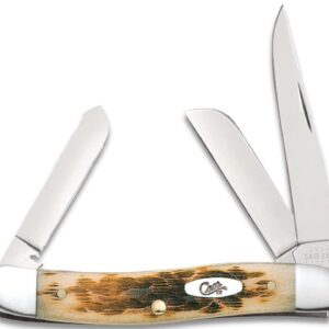 Case (00042) "Stockman" Non-Locking Folder, 2.57"/1.88"/1.71" Stainless Steel Mirror Polish Clip Point/Sheepsfoot/Spey Blades, Amber Bone Handle, Slip Joint