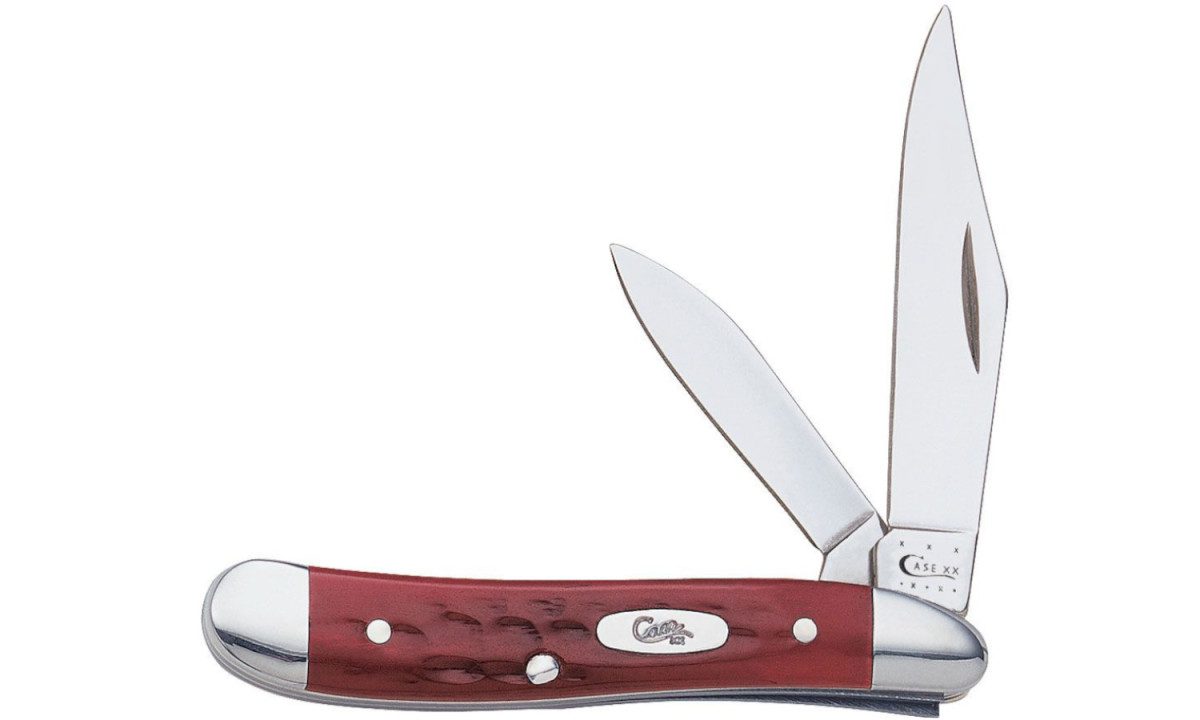 Case (00781) "Peanut" Non-Locking Folder, 2.1"/1.53" Stainless Steel Mirror Polish Clip Point/Pen Blades, Red Bone Handle, Slip Joint