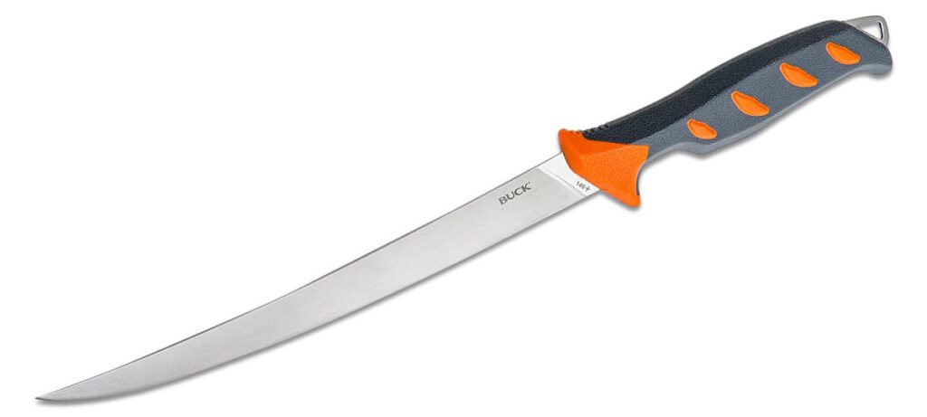 buck-0146ors-b-fresh-water-fillet-fixed-blade-9-stainless-steel-satin-trailing-point-blade-orange-and-gray-rubber-polymer-handle-gray-polymer-sheath