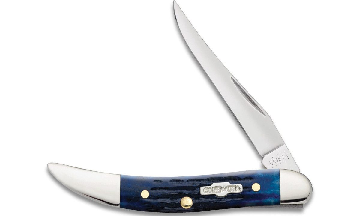case-2804-small-toothpick-non-locking-folder-2-25-stainless-steel-mirror-polished-clip-point-blade-jigged-blue-bone-handle-slip-joint