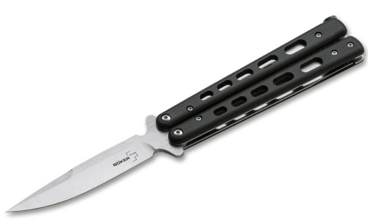 boker-plus-06ex228-balisong-g10-balisong-butterfly-4-01-d2-satin-clip-point-blade-black-g-10-handle-with-pocket-clip-latch-lock