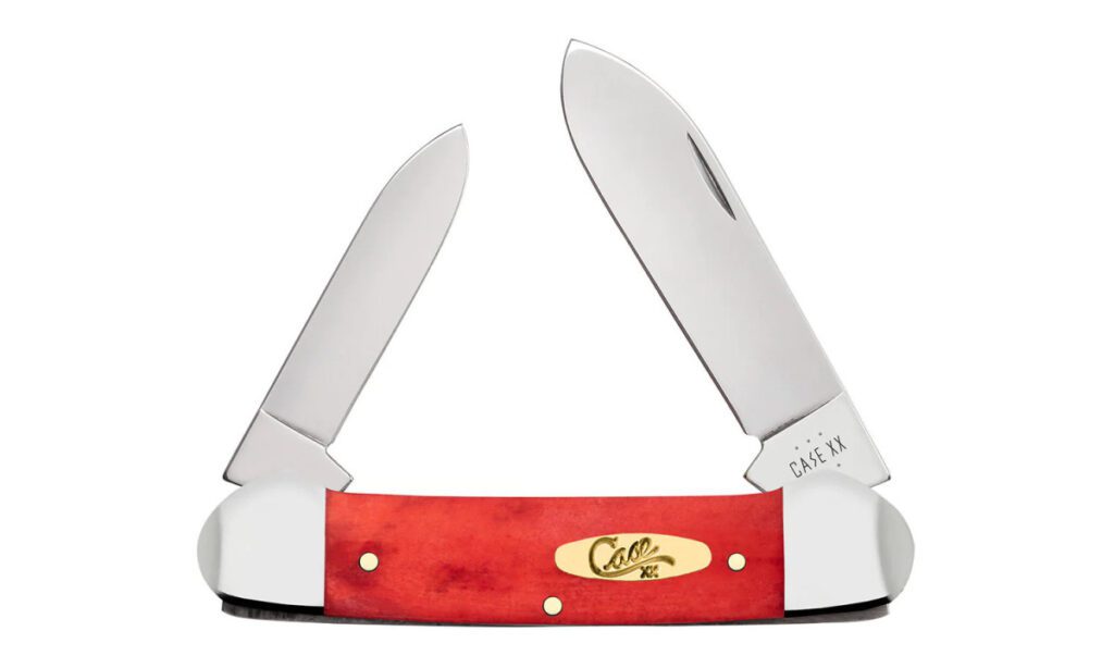 case-10765-canoe-non-locking-folder-2-6-1-97-stainless-steel-mirror-polish-spear-point-pen-blades-dark-red-bone-handle-slip-joint