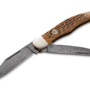 Boker (110274TS) "Large Hunter-Trapper " Non-Locking Folder, 4.33" Damascus Clip Point/Spey Blades, Brown Jigged Bone Handle, Slip Joint