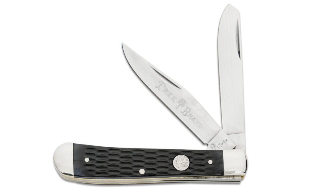 boker-110824-trapper-non-locking-folder-3-125-d2-mirror-polish-clip-point-spey-blades-black-bone-handle-slip-joint