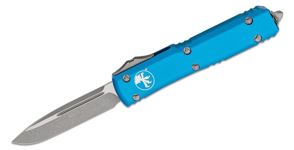 microtech-121-10apbl-ultratech-dual-action-otf-3-35-m390-apocalyptic-drop-point-blade-blue-anodized-6061-t6-aluminum-handle-with-glass-breaker