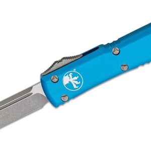 Microtech (121-10APBL) "Ultratech" Dual Action OTF, 3.35" M390 Apocalyptic Drop Point Blade, Blue Anodized 6061-T6 Aluminum Handle with Glass Breaker