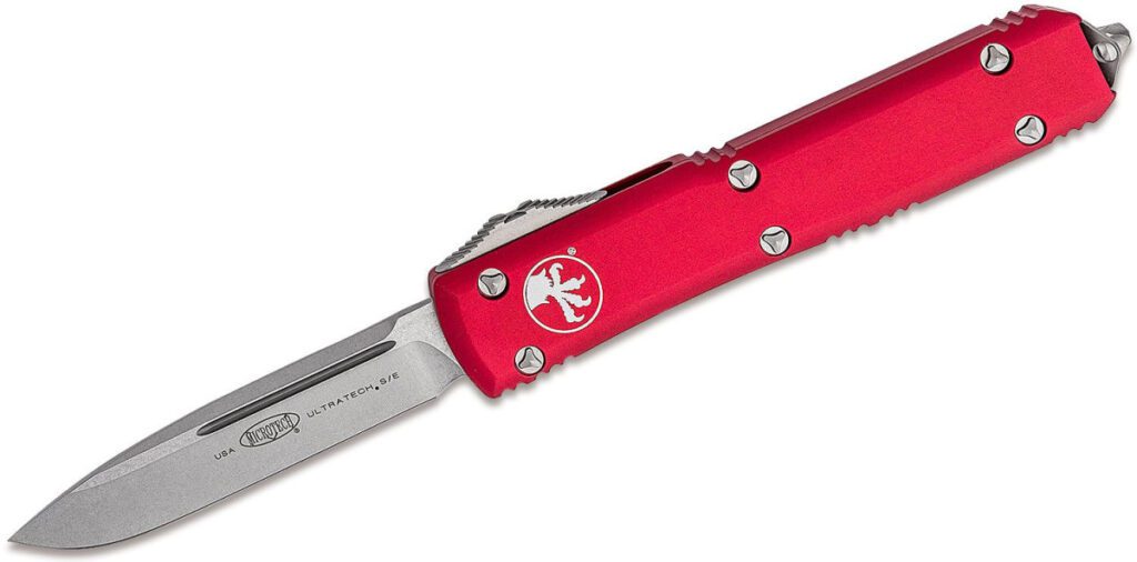 microtech-121-10rd-ultratech-dual-action-otf-3-35-m390-stonewashed-drop-point-blade-red-anodized-6061-t6-aluminum-handle-with-glass-breaker
