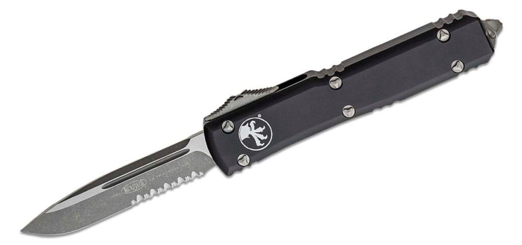 microtech-121-11ap-ultratech-dual-action-otf-3-35-m390-apocalyptic-partially-serrated-drop-point-blade-black-anodized-6061-t6-aluminum-handle-with-glass-breaker