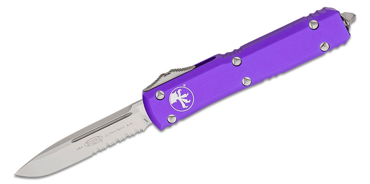 microtech-121-11pu-ultratech-dual-action-otf-3-35-m390-stonewashed-partially-serrated-drop-point-blade-purple-anodized-6061-t6-aluminum-handle-with-glass-breaker