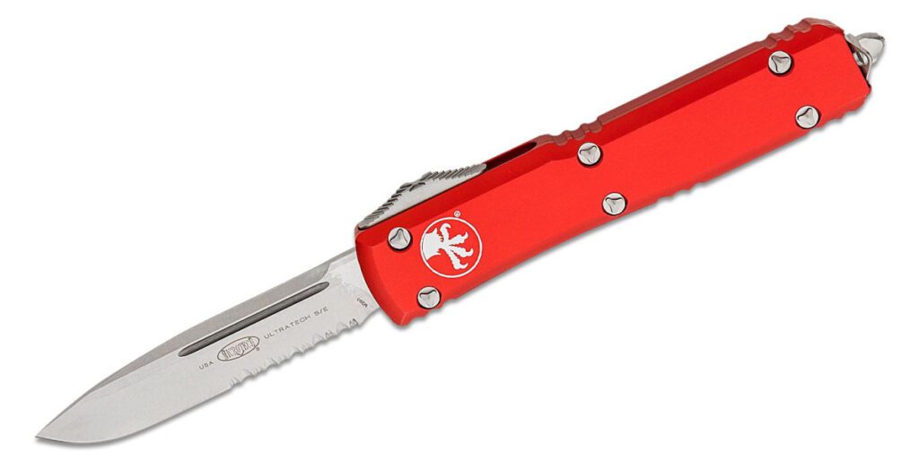 microtech-121-11rd-ultratech-dual-action-otf-3-35-m390-stonewashed-partially-serrated-drop-point-blade-red-anodized-6061-t6-aluminum-handle-with-glass-breaker