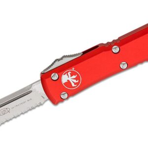 Microtech (121-11RD) "Ultratech" Dual Action OTF, 3.35" M390 Stonewashed Partially Serrated Drop Point Blade, Red Anodized 6061-T6 Aluminum Handle with Glass Breaker