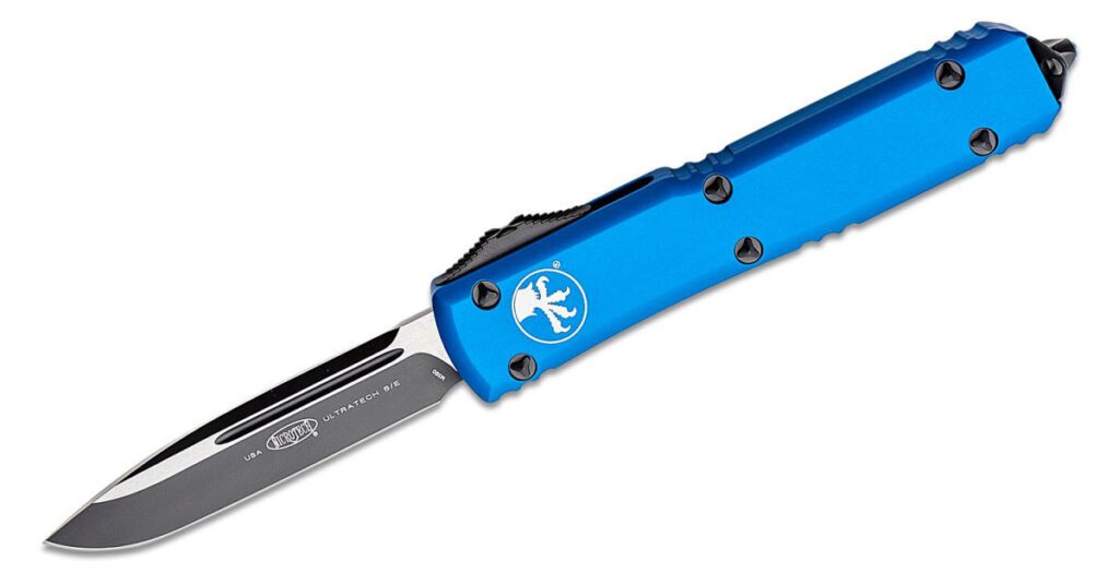 microtech-121-1bl-ultratech-dual-action-otf-3-35-m390-two-tone-dlc-drop-point-blade-blue-anodized-6061-t6-aluminum-handle-with-glass-breaker