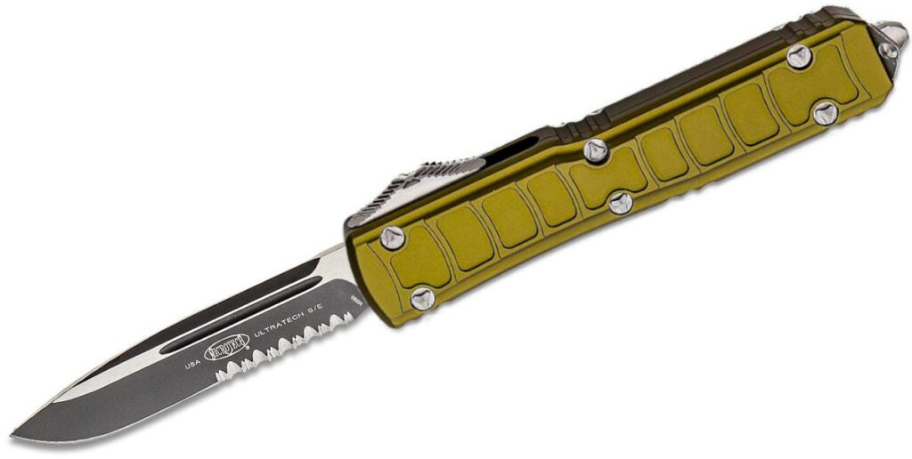 microtech-121-ii-2-ods-ultratech-dual-action-otf-3-35-m390-two-tone-dlc-partially-serrated-drop-point-blade-ladder-pattern-od-green-anodized-6061-t6-aluminum-handle-with-glass-breaker