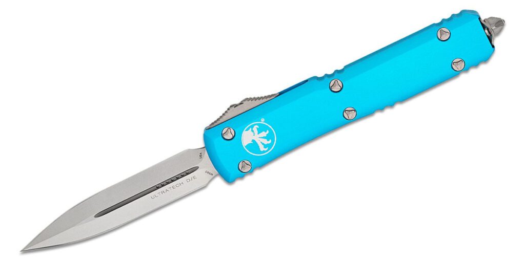 microtech-122-10tq-ultratech-dual-action-otf-3-35-m390-stonewashed-dagger-blade-turquoise-anodized-6061-t6-aluminum-handle-with-glass-breaker
