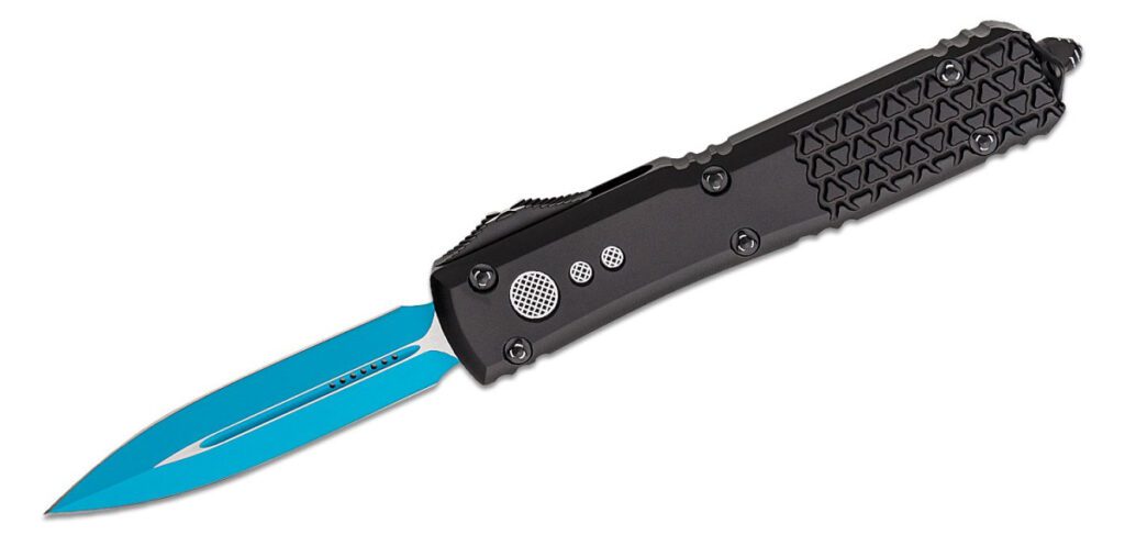 microtech-122-1jk-jedi-knight-ultratech-dual-action-otf-3-35-m390-blue-dlc-dagger-blade-black-anodized-tri-grip-milled-6061-t6-aluminum-handle-with-glass-breaker