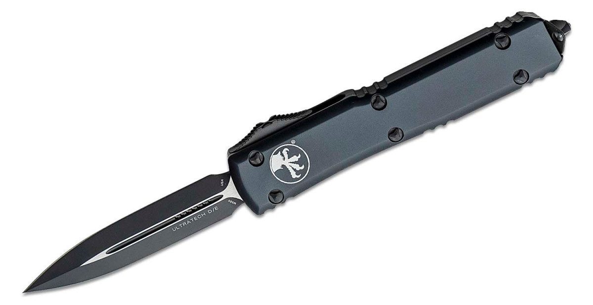 Microtech (122-1T) "Ultratech" Dual Action OTF, 3.35" M390 Two Tone DLC Dagger Blade, Black Anodized 6061-T6 Aluminum Handle with Glass Breaker