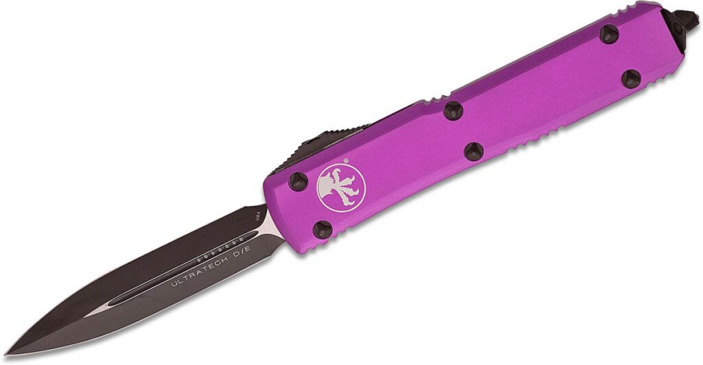 microtech-122-1vi-ultratech-dual-action-otf-3-35-m390-two-tone-dlc-dagger-blade-violet-anodized-6061-t6-aluminum-handle-with-glass-breaker