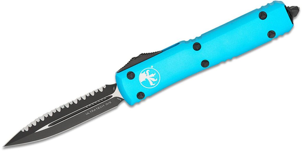 microtech-122-3tq-ultratech-dual-action-otf-3-35-m390-two-tone-dlc-fully-serrated-dagger-blade-turquoise-anodized-6061-t6-aluminum-handle-with-glass-breaker