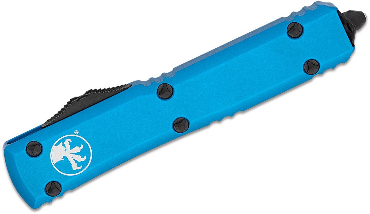 Microtech (123-3BL) "Ultratech" Dual Action OTF, 3.35" M390 Two-Tone DLC Fully Serrated Tanto Blade, Blue Anodized 6061-T6 Aluminum Handle with Glass Breaker - Image 2