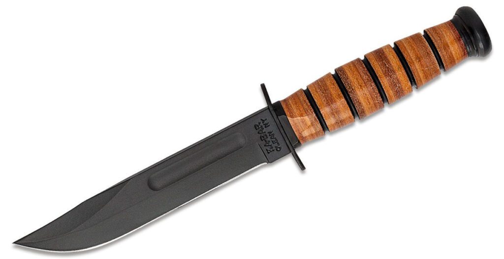 ka-bar-1251-single-mark-short-fighting-utility-knife-fixed-blade-5-25-1095-cro-van-black-powder-coated-clip-point-blade-stacked-leather-handle-brown-leather-sheath
