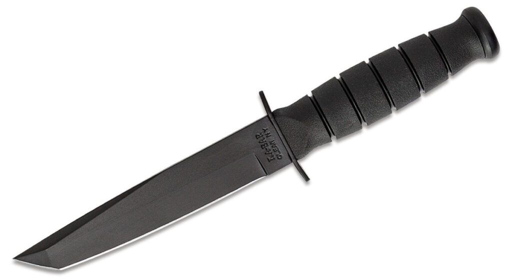 ka-bar-1254-short-tanto-fixed-blade-5-25-1095cv-black-powder-coated-tanto-blade-black-kraton-g-handle-black-leather-sheath