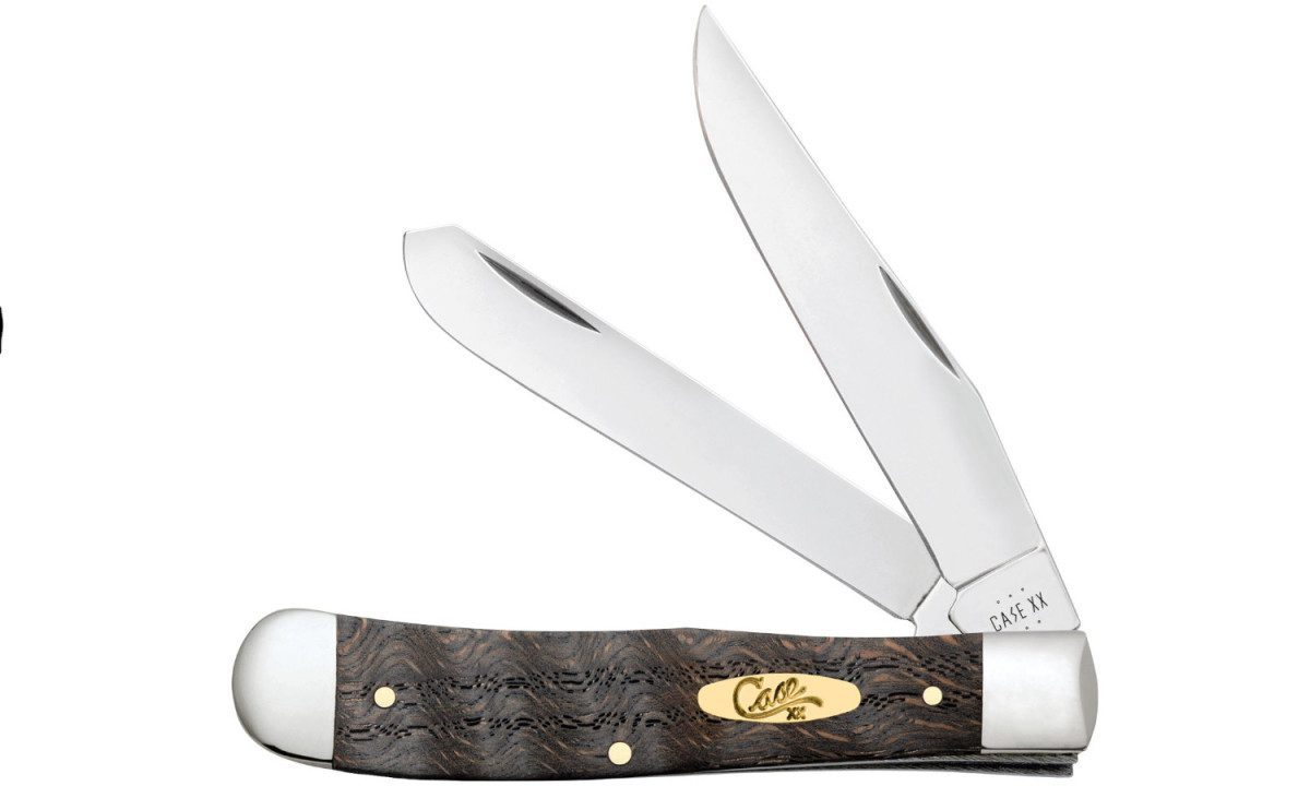 Case (14000) "Trapper" Non-Locking Folder, 3.24"/3.27" Stainless Steel Mirror Polish Clip Point/Spey Blades, Black Curly Oak Wood Handle, Slip Joint