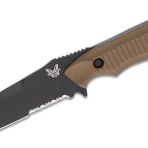 Benchmade (141SBKSN) "Nimravus" Fixed Blade, 4.5" 154CM Black DLC Partially Serrated Tanto Blade, Tan 6061-T6 Aluminium Handle, Tan Nylon Sheath