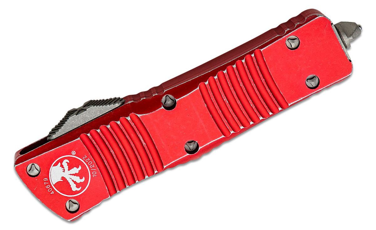 Microtech (142-10DRD) "Combat Troodon" Dual Action OTF, 3.81" M390 Stonewashed Dagger Blade, Distressed Red Anodized 6061-T6 Aluminum Handle with Glass Breaker - Image 2