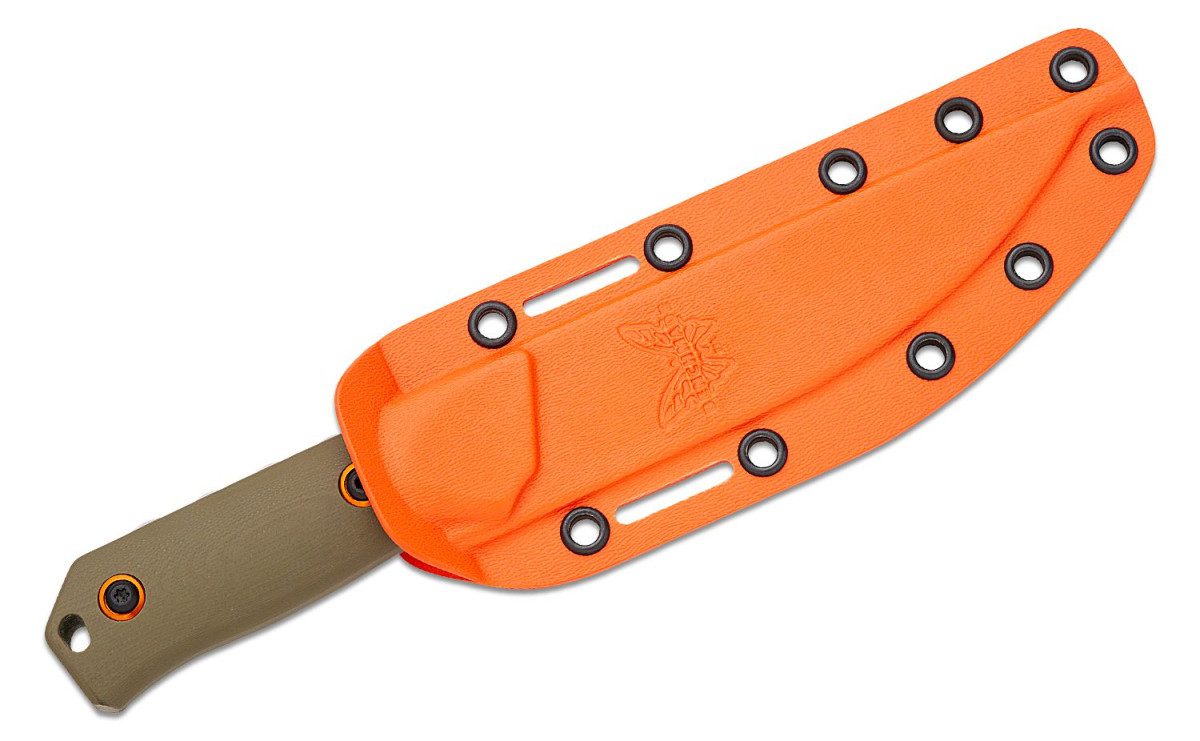 Benchmade (15600-01) "Raghorn" Fixed Blade, 4.64" CPM-S30V Satin Drop Point Blade, OD Green G-10 Handle, Orange Boltaron Sheath - Image 2
