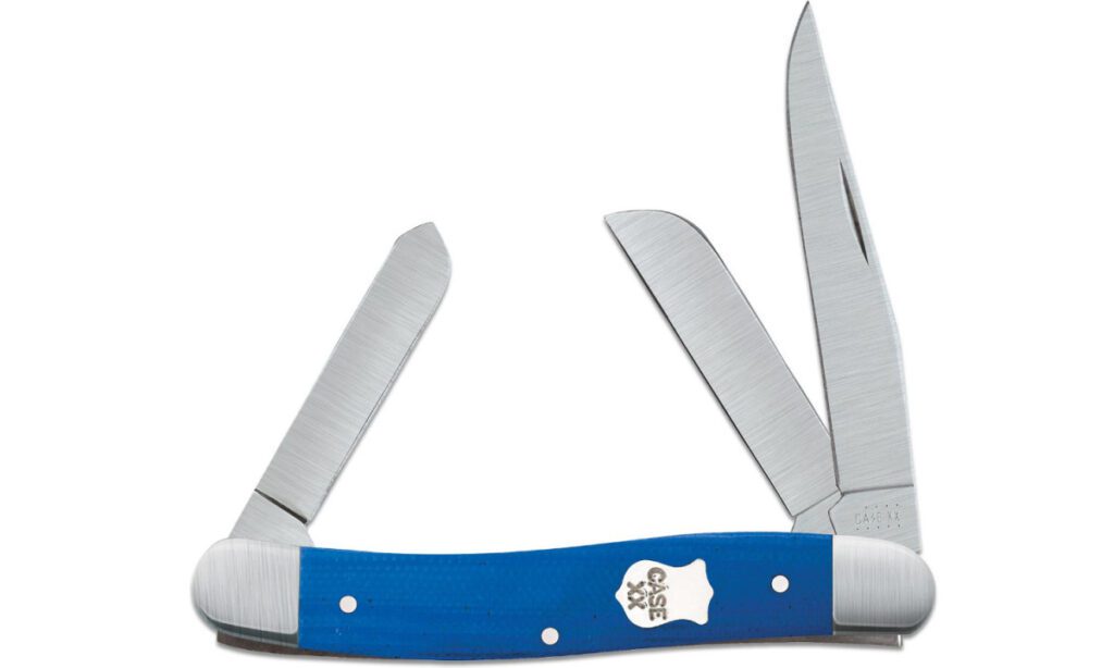 case-16744-stockman-non-locking-folder-2-57-1-88-1-71-stainless-steel-mirror-polish-clip-point-sheepsfoot-pen-blades-blue-g-10-handle-slip-joint