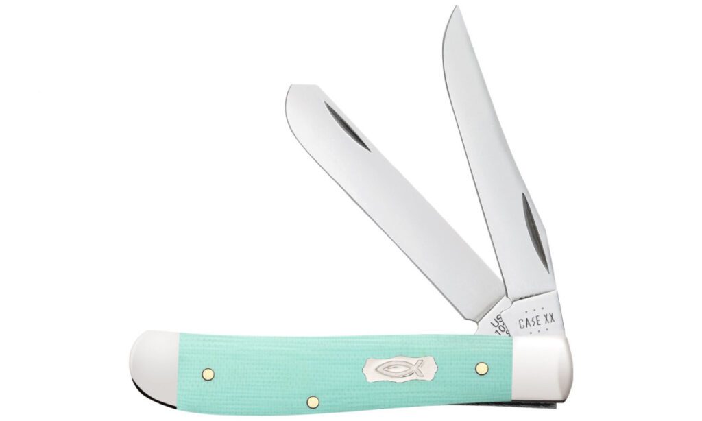 case-18101-mini-trapper-non-locking-folder-2-7-2-75-stainless-steel-mirror-polish-clip-point-spey-blades-seafoam-green-g-10-handle-slip-joint
