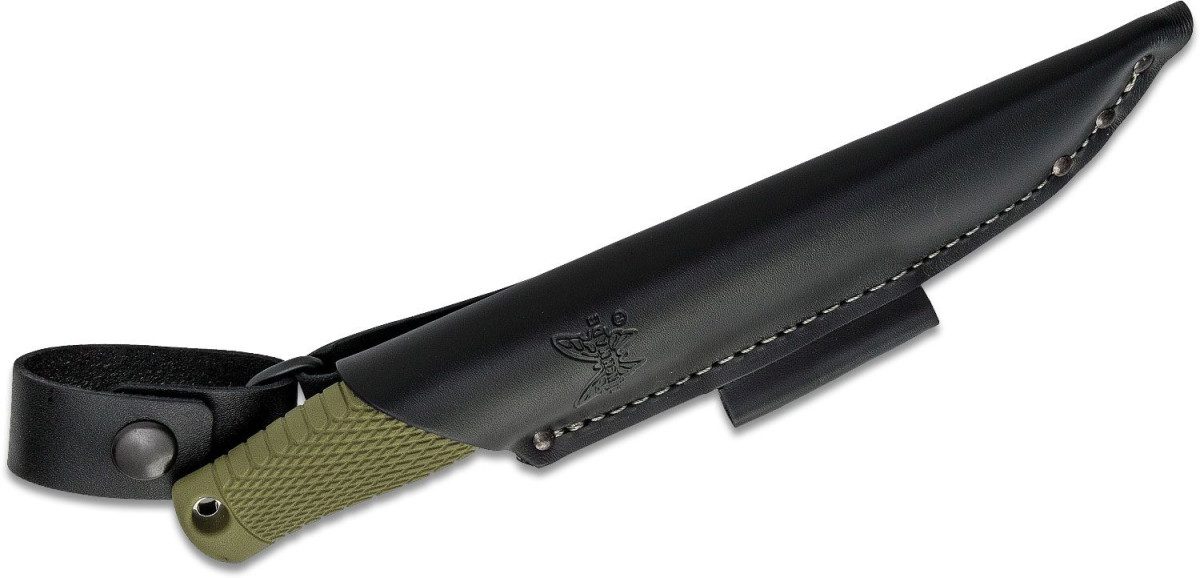 Benchmade (202) "Leuku" Fixed Blade, 5.19" CPM-3V Satin Drop Point Blade, OD Green Santoprene Handle, Black Leather Sheath - Image 2
