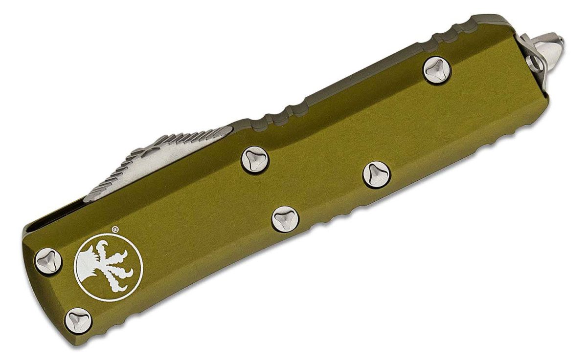 Microtech (231-11) "UTX-85" Dual Action OTF, 3.125" M390 Stonewashed Partially Serrated Drop Point Blade, OD Green Anodized 6061-T6 Aluminum Handle with Glass Breaker - Image 2