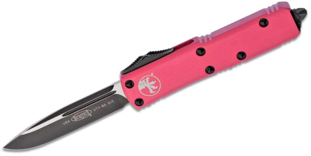 microtech-231-1pk-utx-85-dual-action-otf-3-125-m390-two-tone-dlc-drop-point-blade-pink-anodized-6061-t6-aluminum-handle-with-glass-breaker